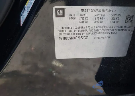 2016 Chevrolet Cruze Ls Auto из США, поврежденный, VIN 1G1BC5SMXG7322930